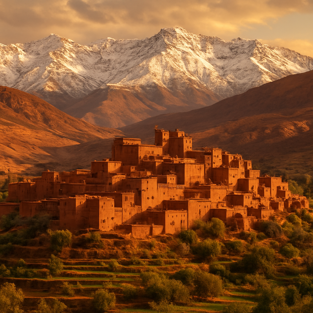 Earthen Berber kasbah village beneath snow-dusted Atlas peaks